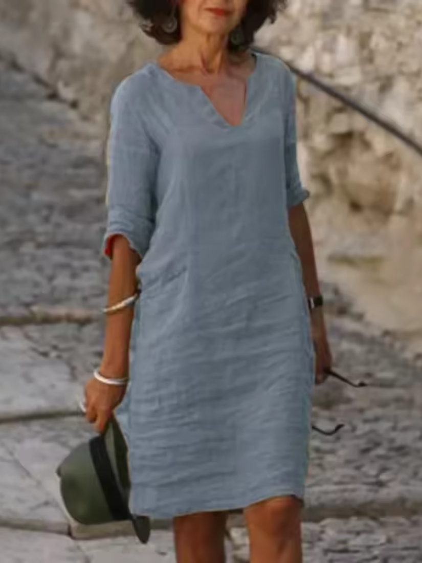 Mila - V-Neck Cotton Linen Dress with Mid Sleeves and Slim Fit