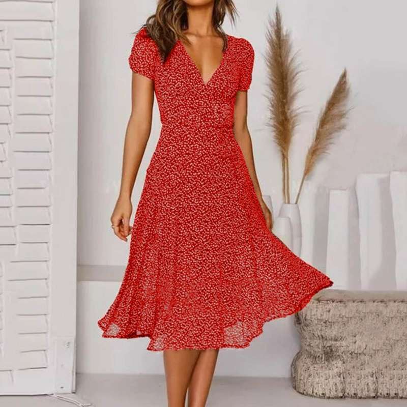 Lena - Women Short-Sleeve V-Neck Floral Swing Dress