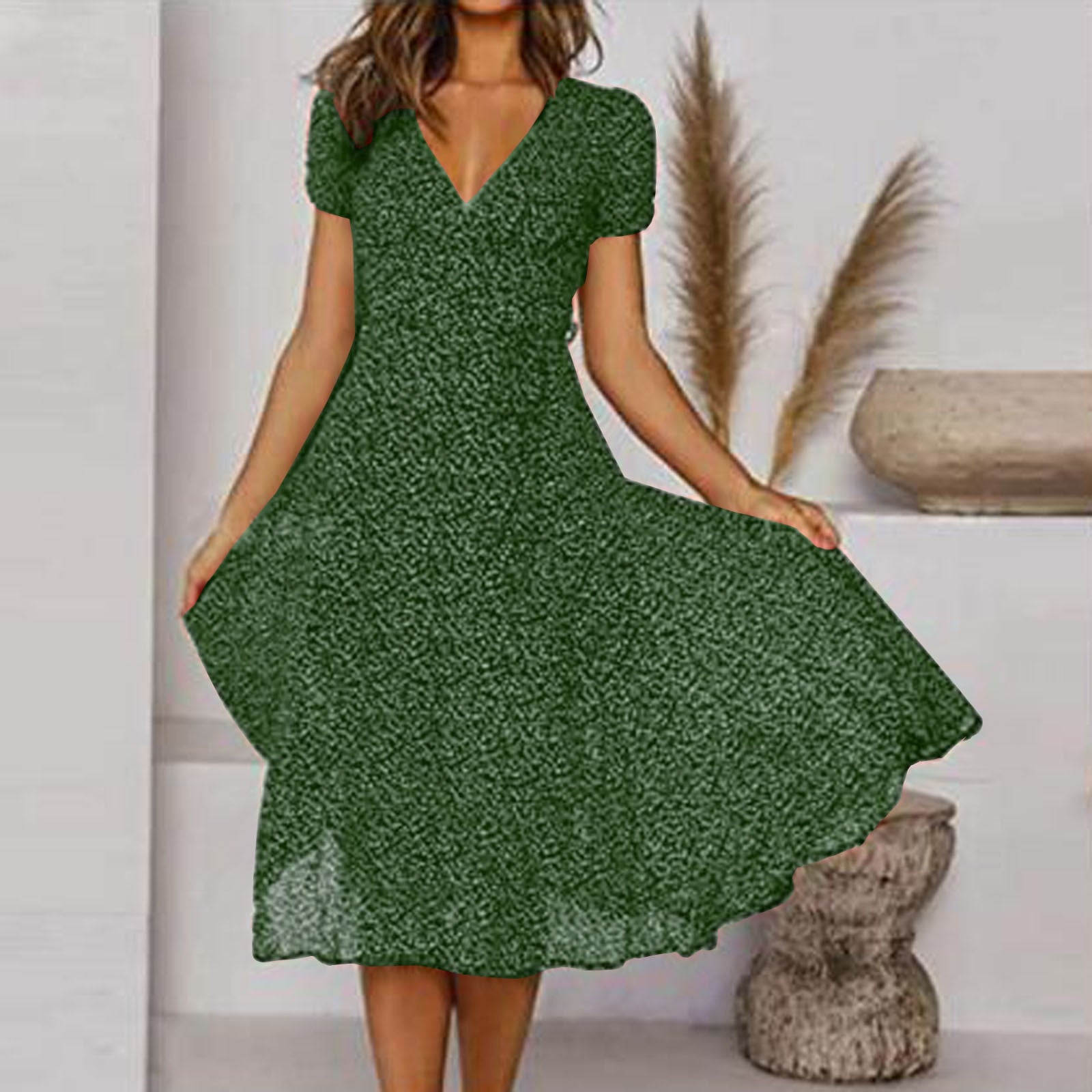 Lena - Women Short-Sleeve V-Neck Floral Swing Dress