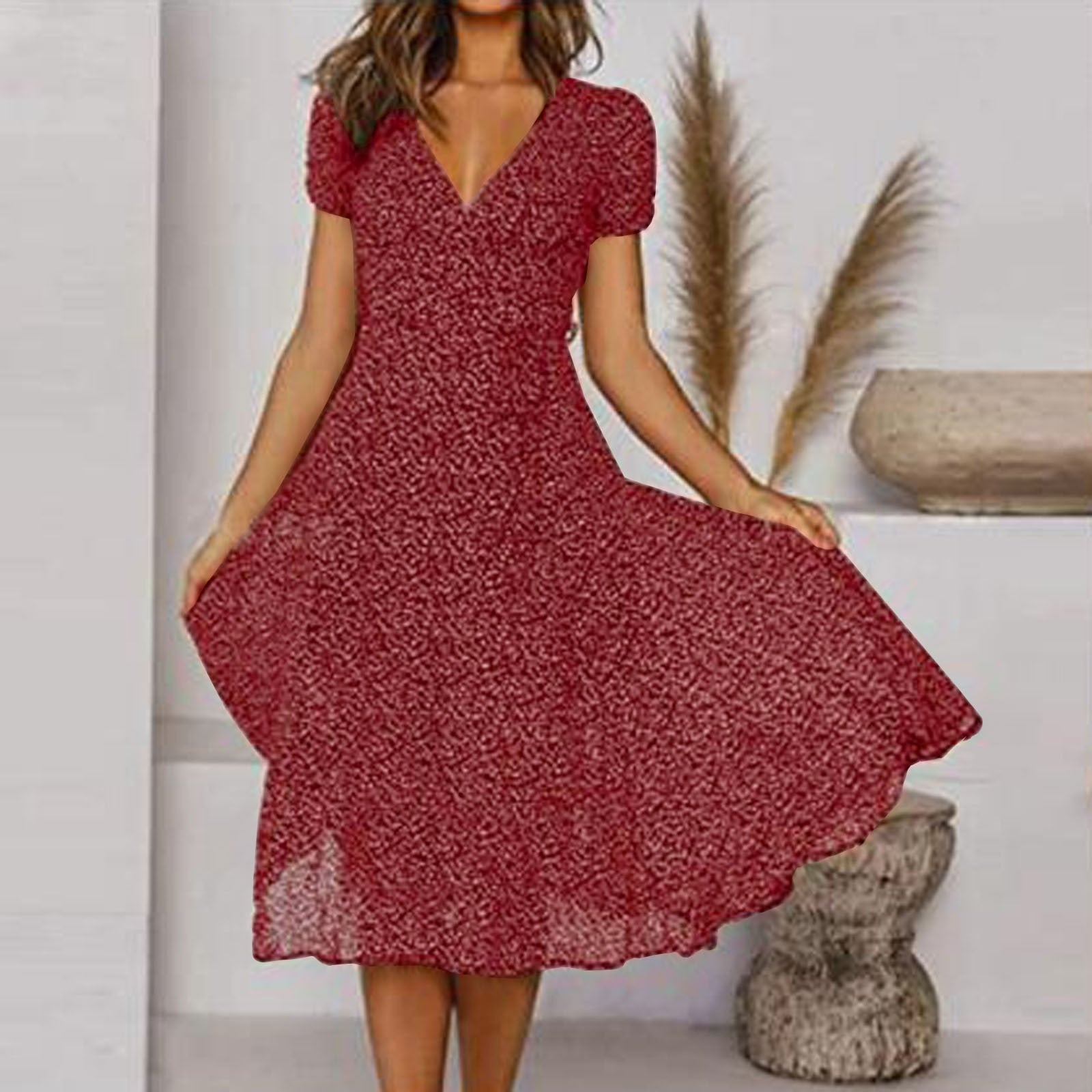 Lena - Women Short-Sleeve V-Neck Floral Swing Dress