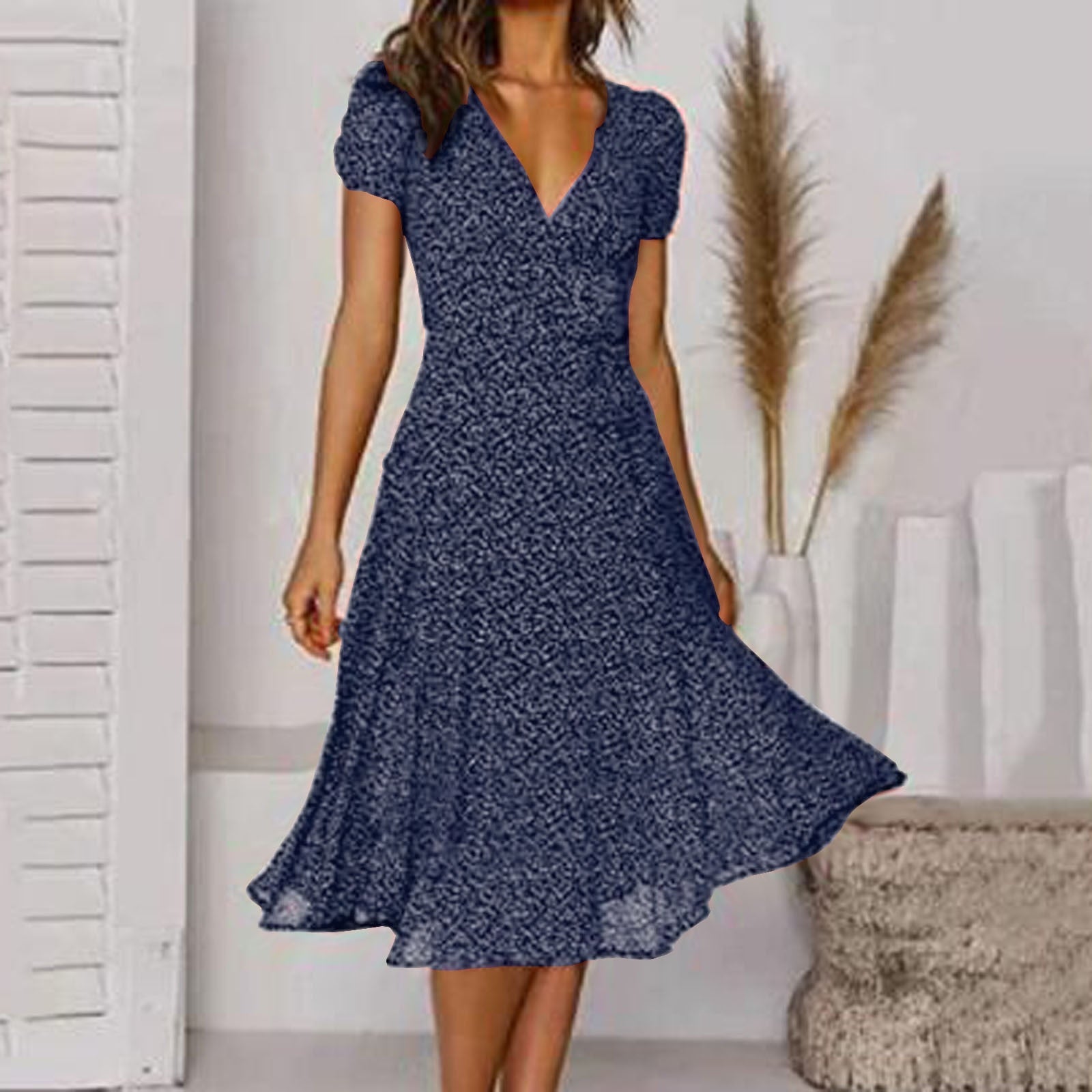 Lena - Women Short-Sleeve V-Neck Floral Swing Dress