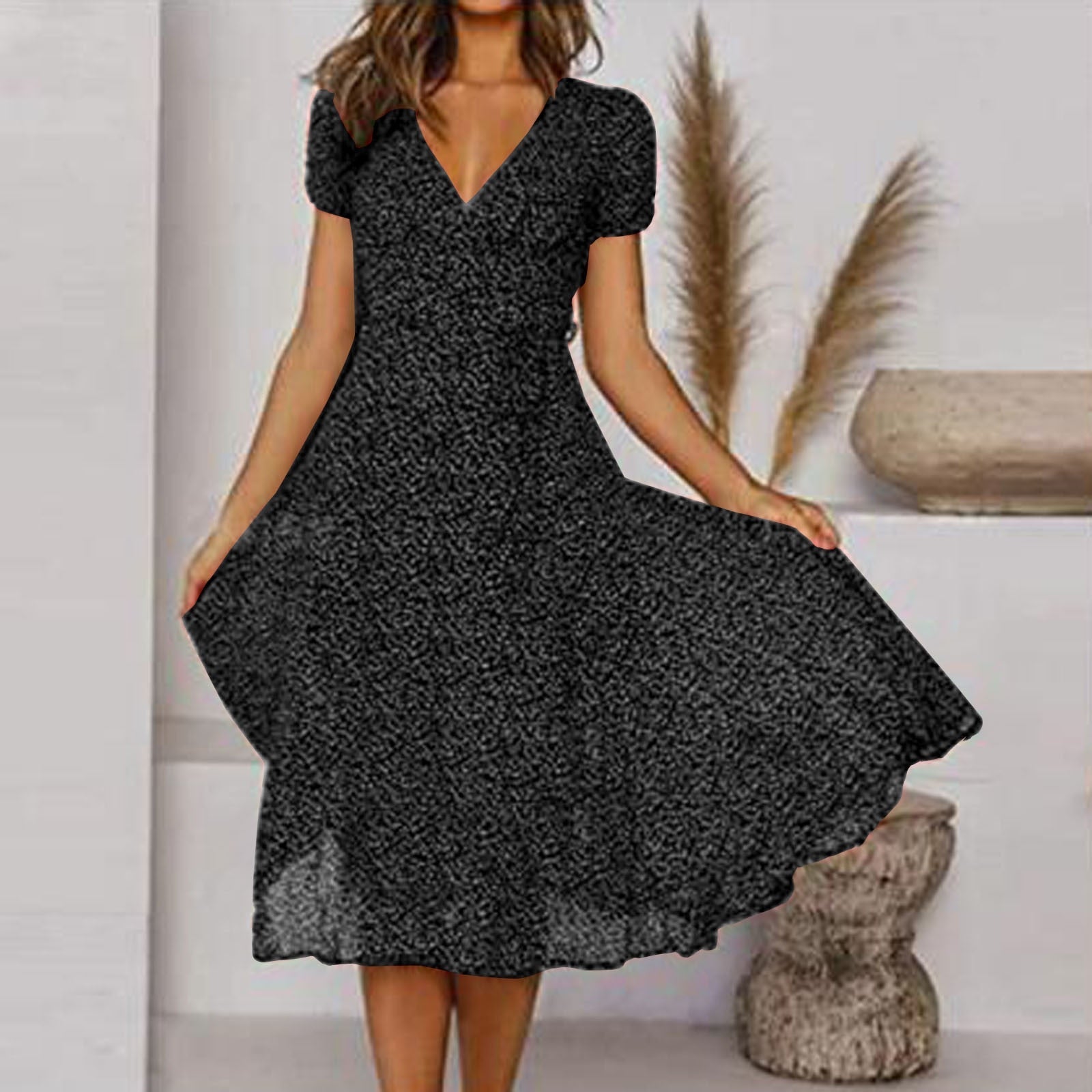 Lena - Women Short-Sleeve V-Neck Floral Swing Dress