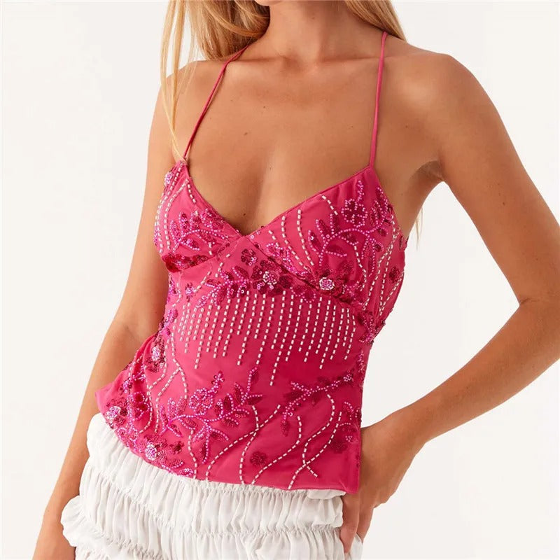 Marlee - Midnight Bloom Beaded Mesh Cami Top