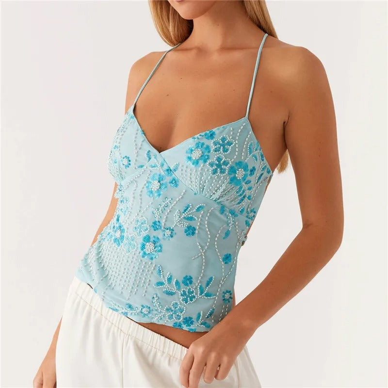 Marlee - Midnight Bloom Beaded Mesh Cami Top