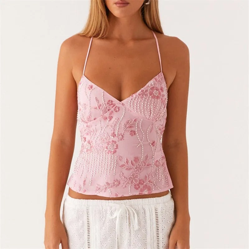 Marlee - Midnight Bloom Beaded Mesh Cami Top