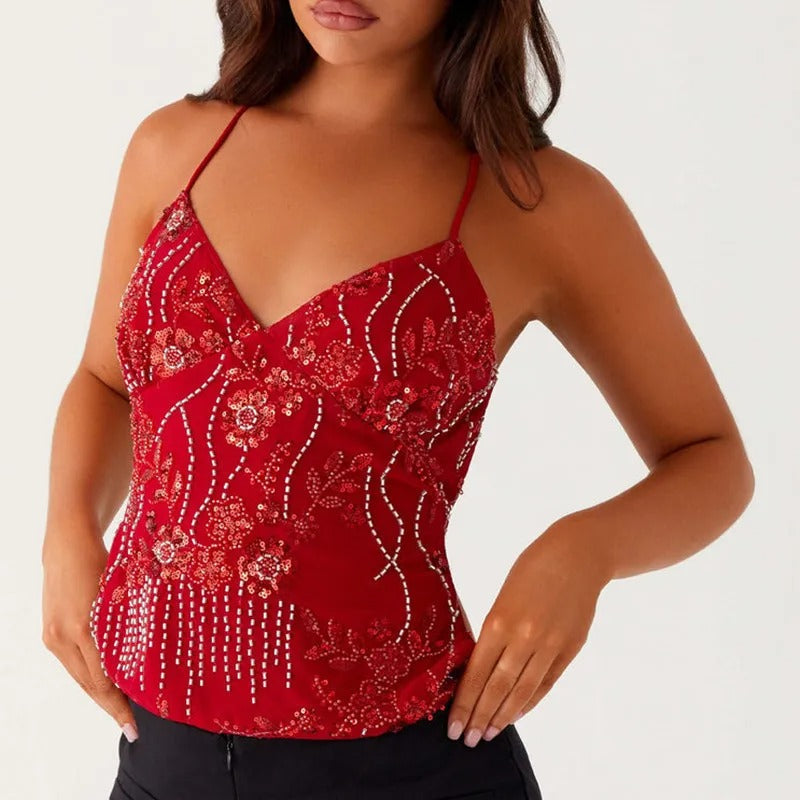 Marlee - Midnight Bloom Beaded Mesh Cami Top