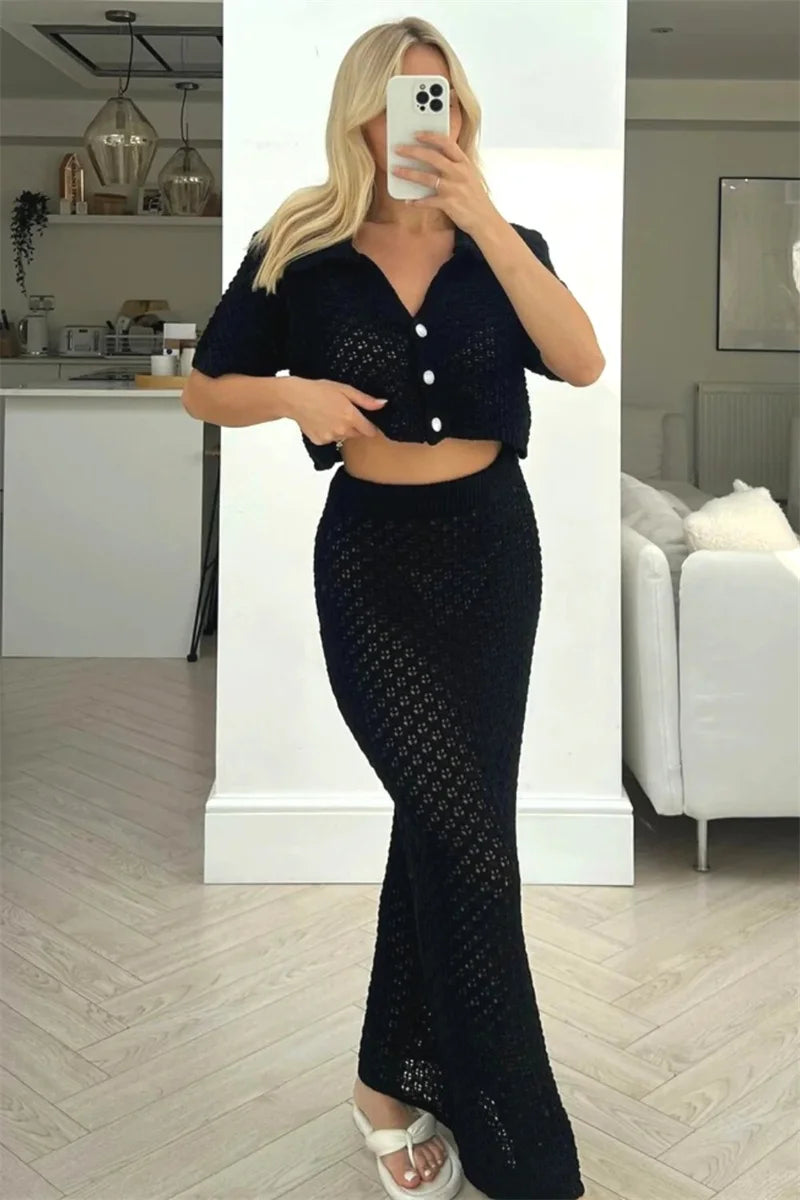 Clio - Crochet Knit Skirt and Cardigan Set