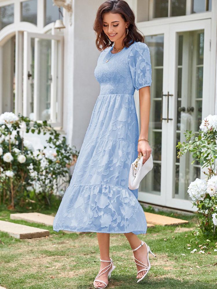 Elly - Smocked Bodice Midi Dress with Puff Sleeves and Tiered Skirt