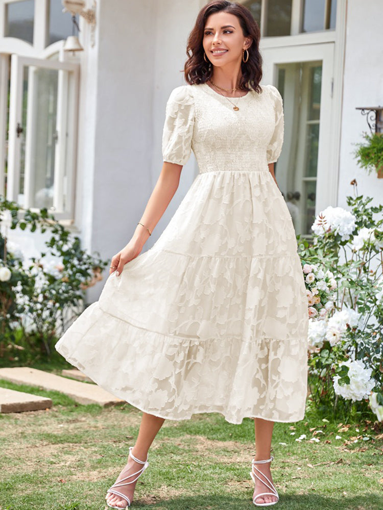 Elly - Smocked Bodice Midi Dress with Puff Sleeves and Tiered Skirt