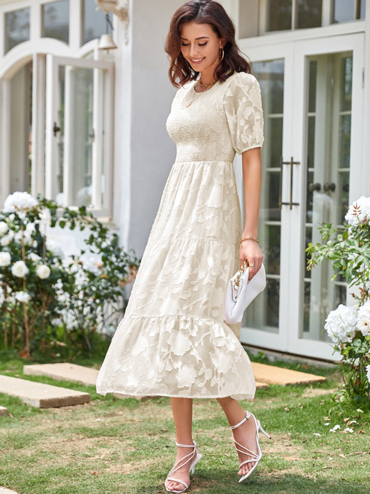 Elly - Smocked Bodice Midi Dress with Puff Sleeves and Tiered Skirt