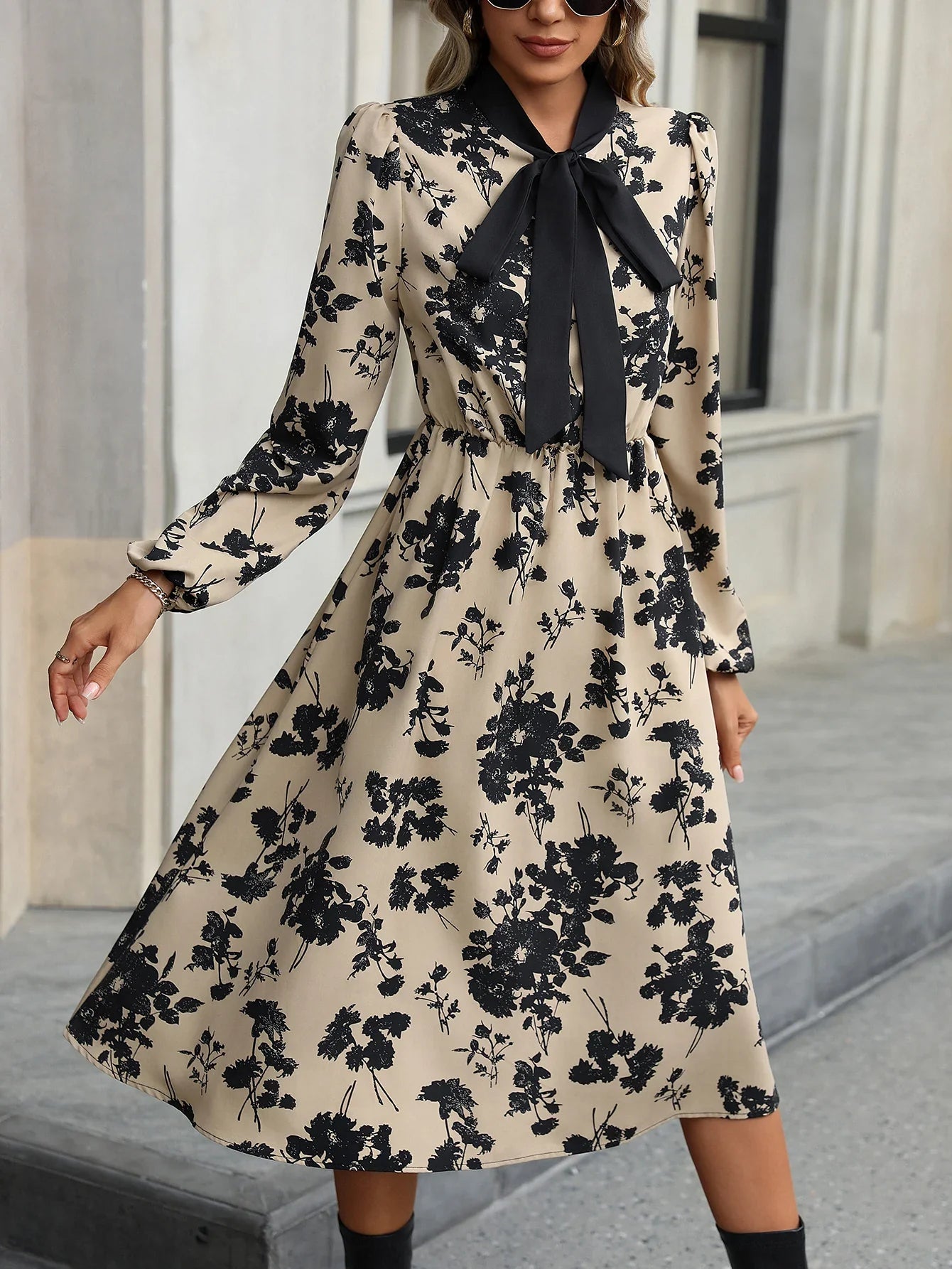 Ink Floral Bow-tie Flared Dress