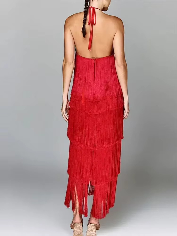 Cassandra - Women's Metallic Tassel Halter Neck Bodycon Dress
