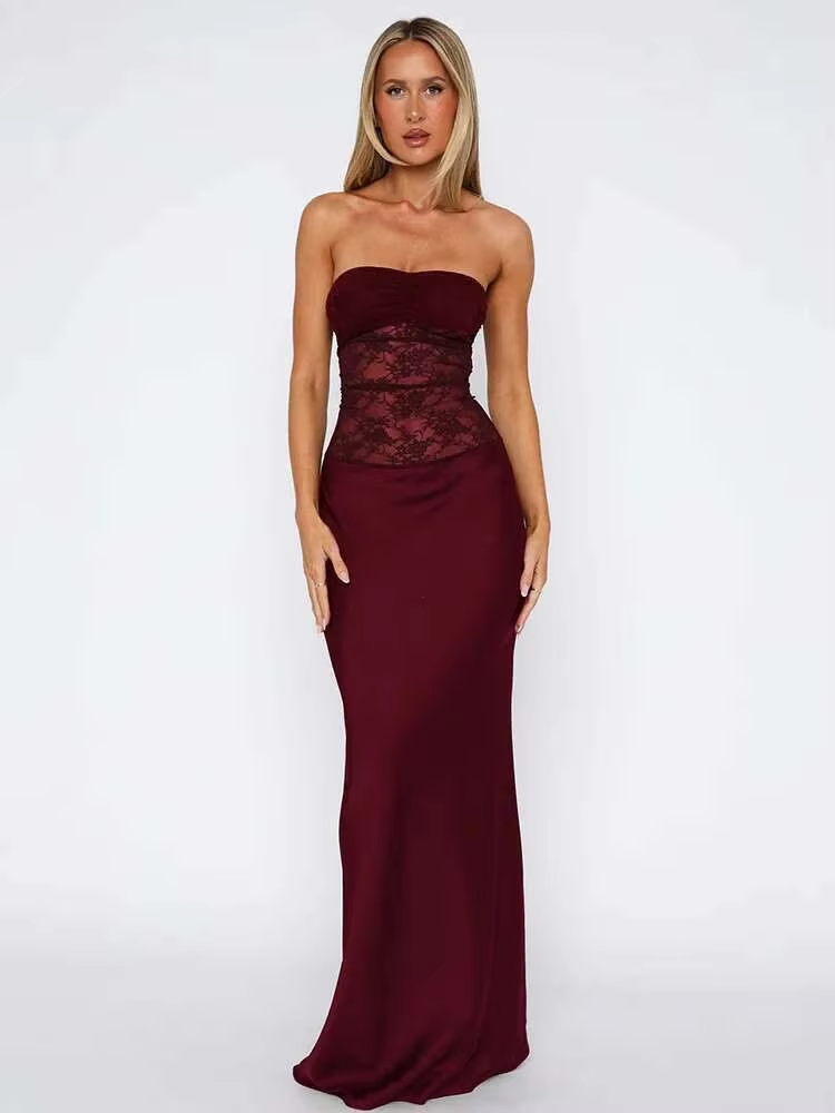 Kathy - Women's Strapless Lace Patchwork Mermaid Maxi Dress