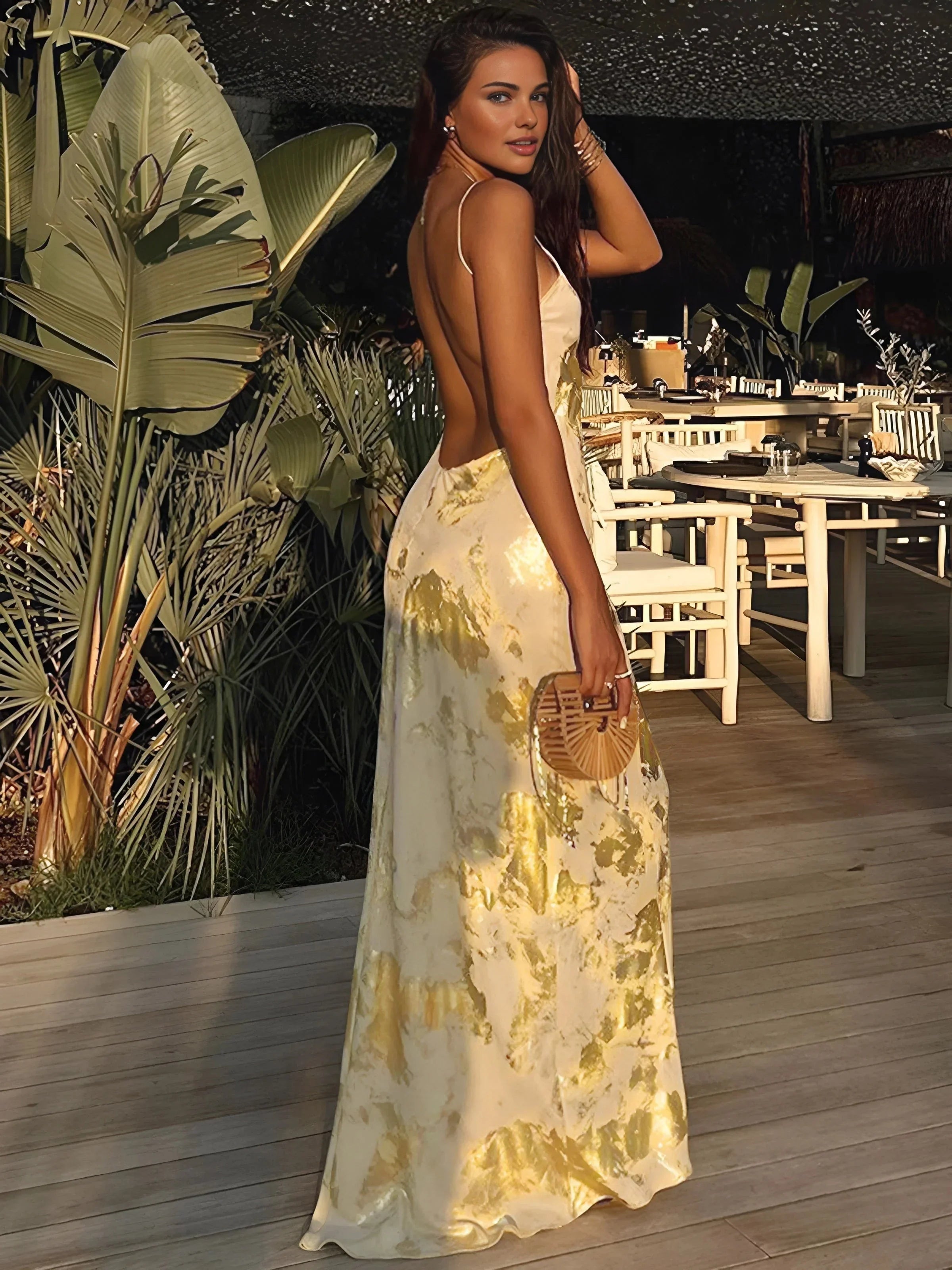 Aireen - Women’s Gold Foil Satin Maxi Dress with Straps