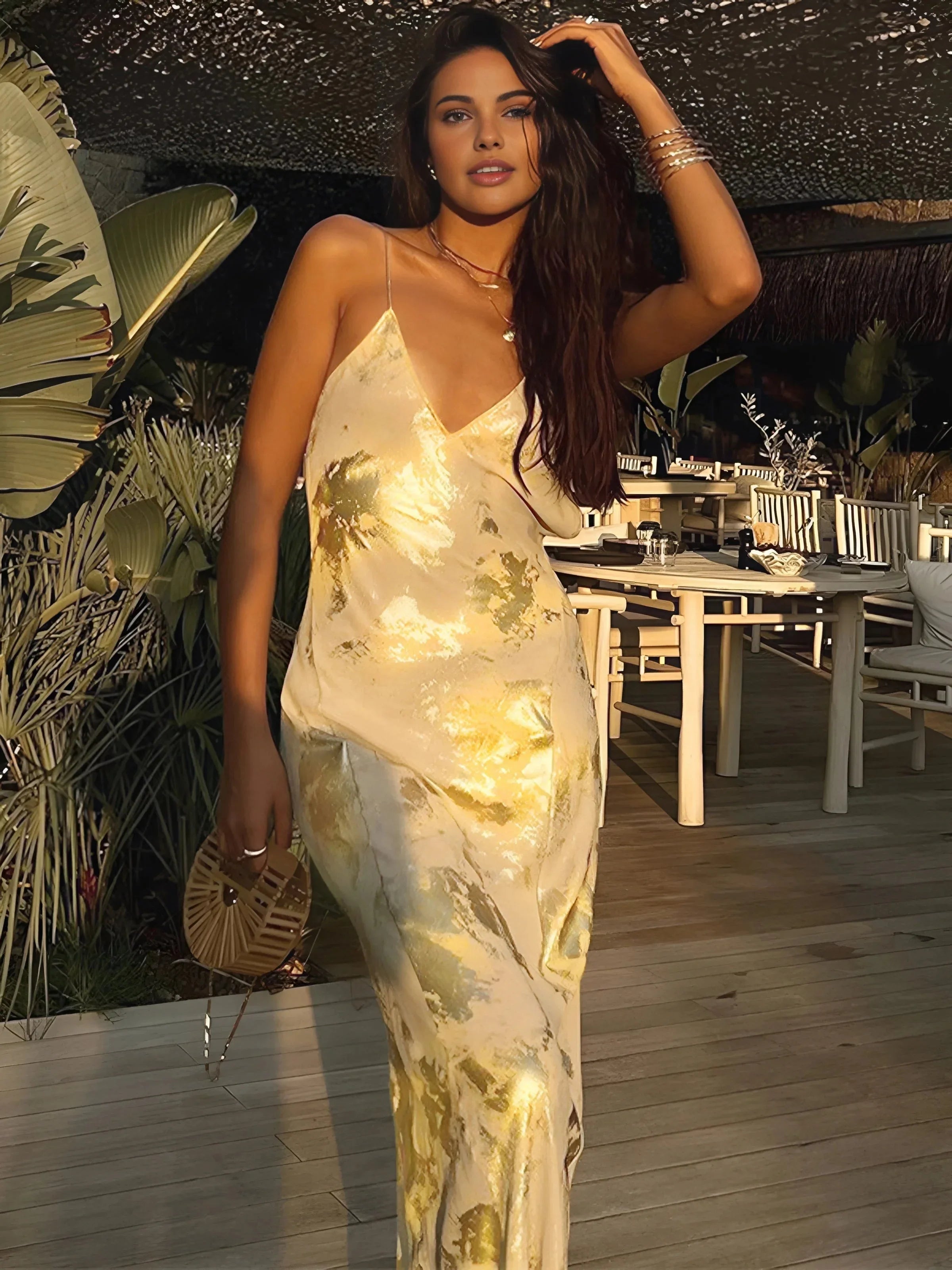 Aireen - Women’s Gold Foil Satin Maxi Dress with Straps