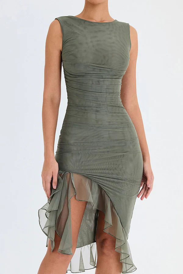 Elki - Elegant Mesh Midi Dress with Ruffled Hem