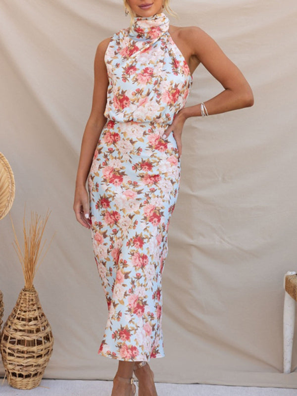 Pauline - Halter Neck Midi Dress with Floral Print
