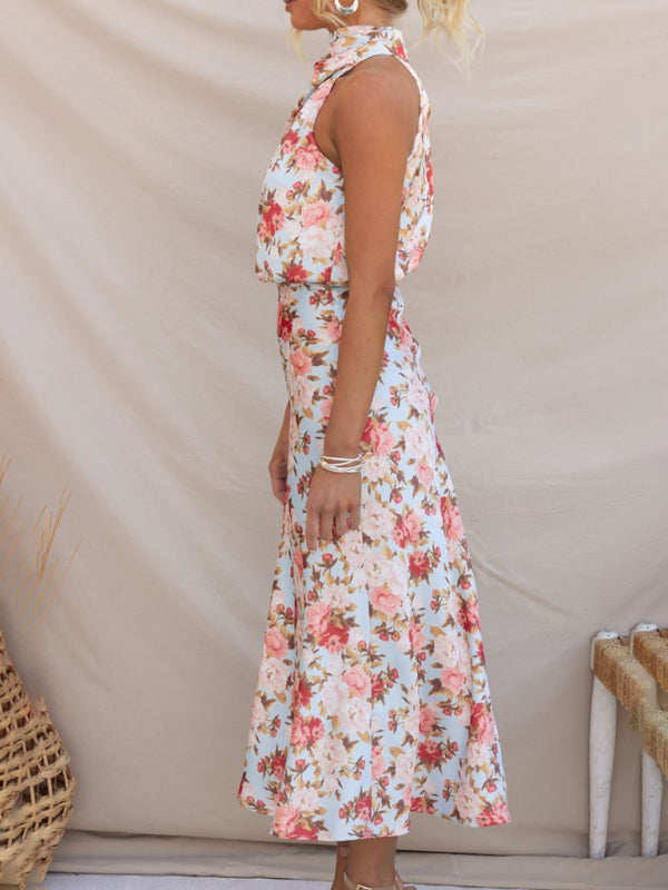 Pauline - Halter Neck Midi Dress with Floral Print