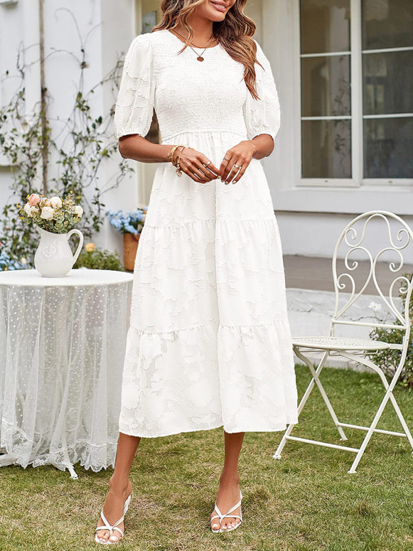 Elly - Smocked Bodice Midi Dress with Puff Sleeves and Tiered Skirt