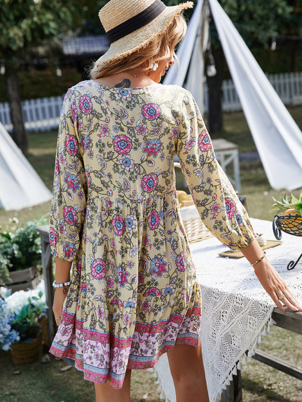 Maya - Bohemian Floral Print Dress with V-Neck and Tiered Skirt