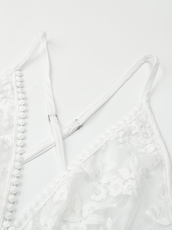 Lily - Deep V-Neck Lace Mini Dress with Floral Pattern