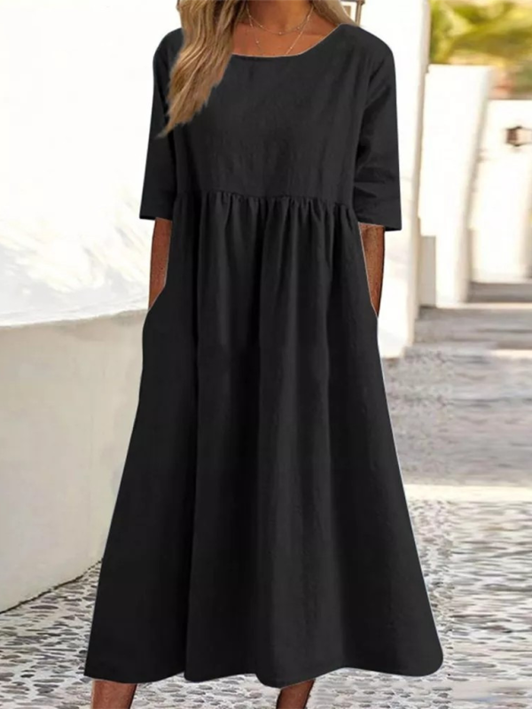 Cheyenne - Round Neck Midi Dress with Gathered Waist (Plus Size Available)