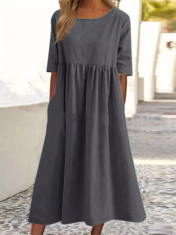 Cheyenne - Round Neck Midi Dress with Gathered Waist (Plus Size Available)