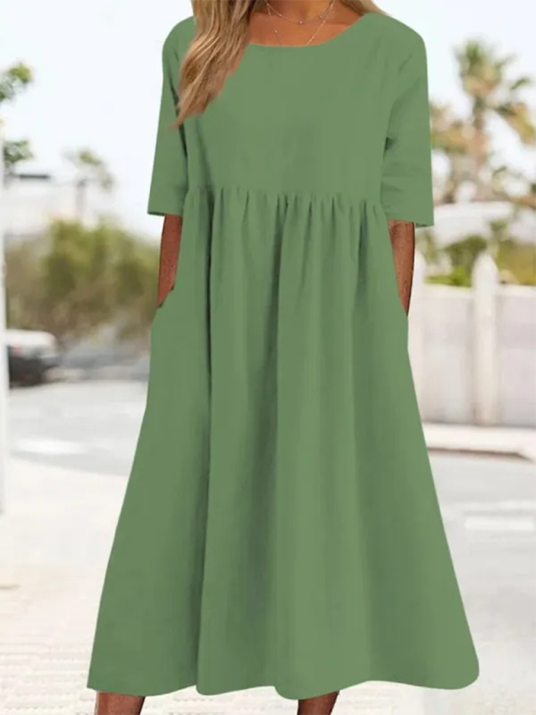 Cheyenne - Round Neck Midi Dress with Gathered Waist (Plus Size Available)