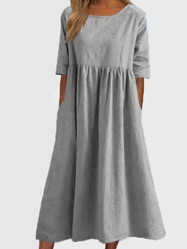 Cheyenne - Round Neck Midi Dress with Gathered Waist (Plus Size Available)