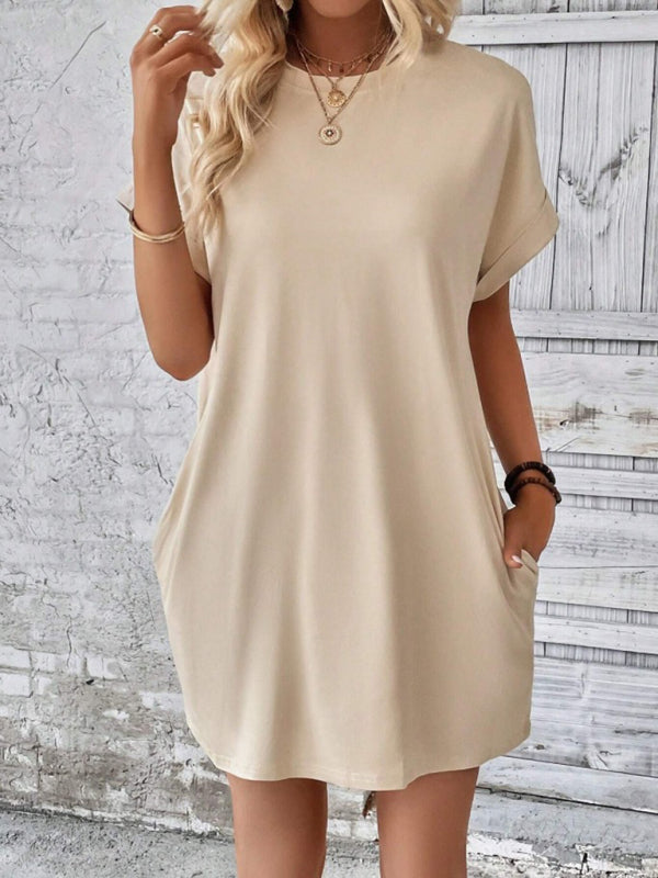 Aspen - Loose Fit Pocket Dress with Round Neck and Short Sleeves