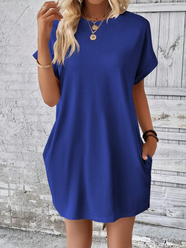 Aspen - Loose Fit Pocket Dress with Round Neck and Short Sleeves