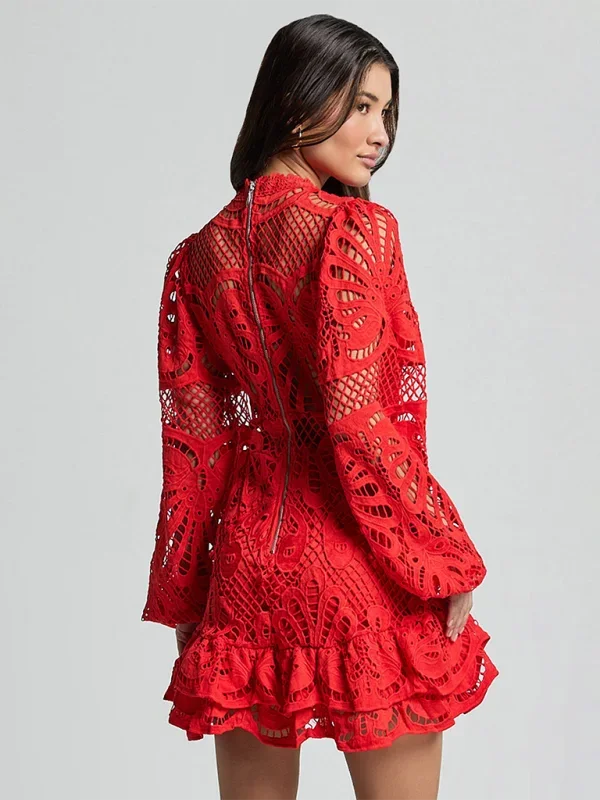 Stella - Women’s Long Sleeve Ruffled Lace Mini Dress