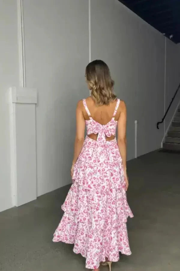 Audrey - Women’s Tiered Floral Maxi Dress with Bow Back and Shoulder Straps