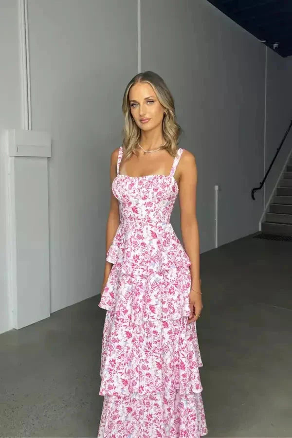 Audrey - Women’s Tiered Floral Maxi Dress with Bow Back and Shoulder Straps