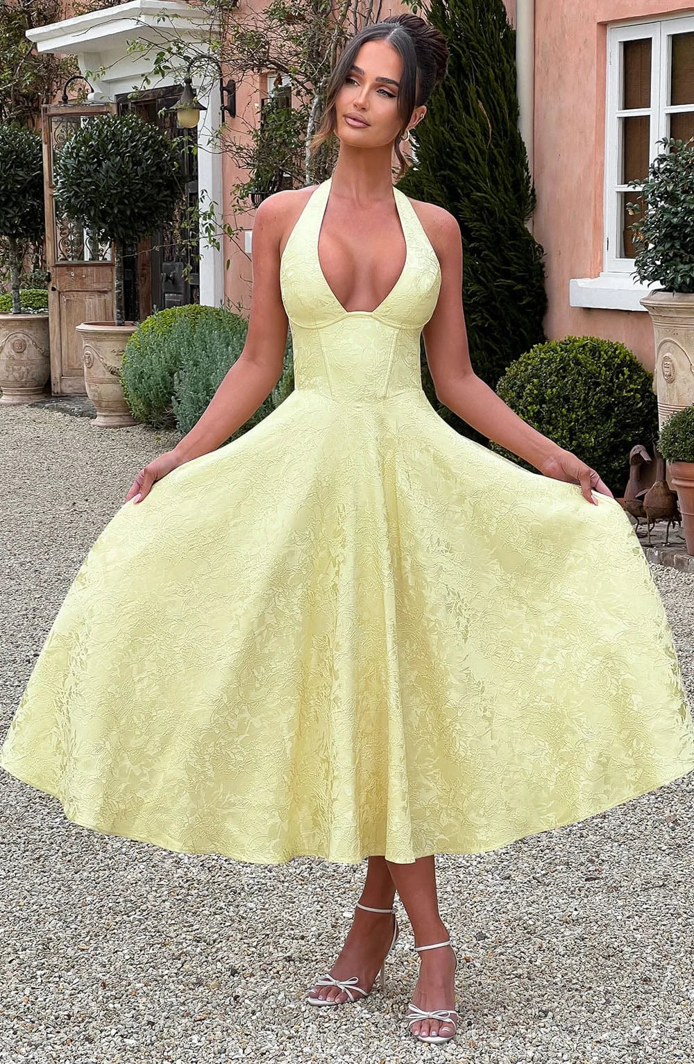 Eleanor - Women’s Yellow Halter Dress with Pleated Skirt