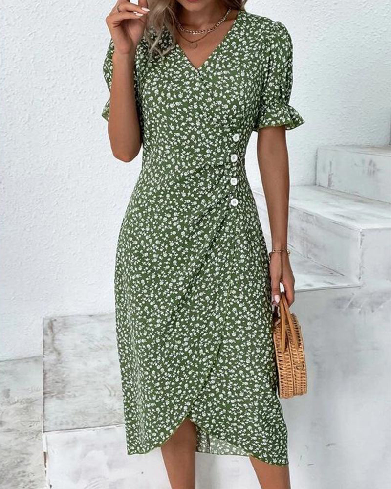 Adeline - Elegant Floral Print Midi Dress with Short Sleeves