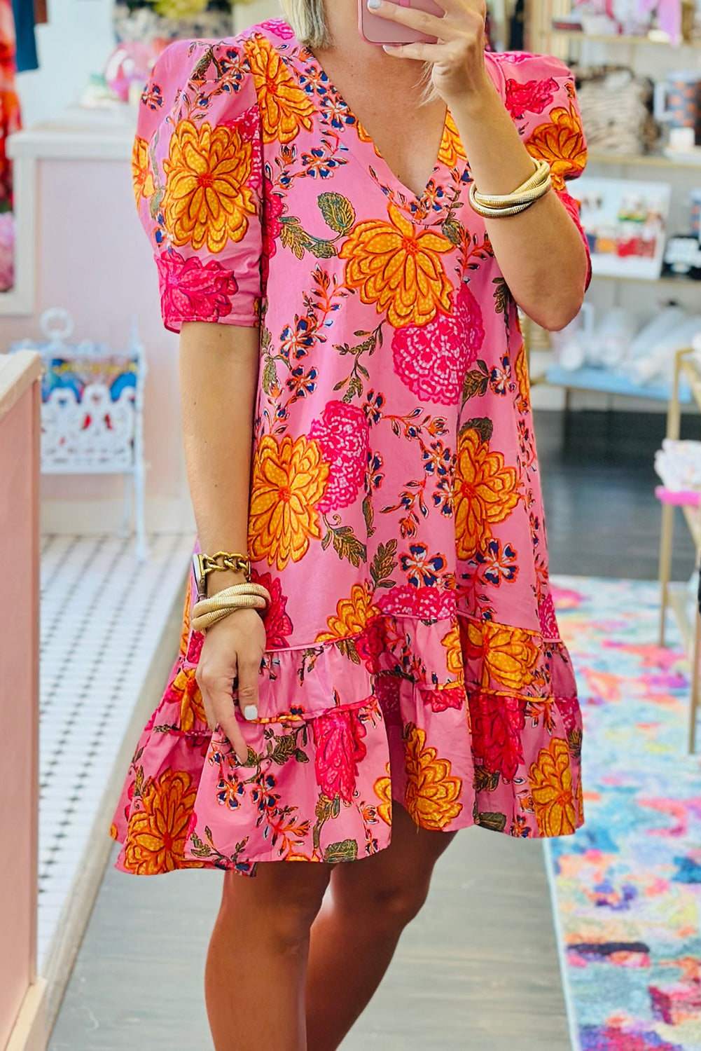 Matilda - Floral Bubble Sleeve V Neck Ruffled Dress