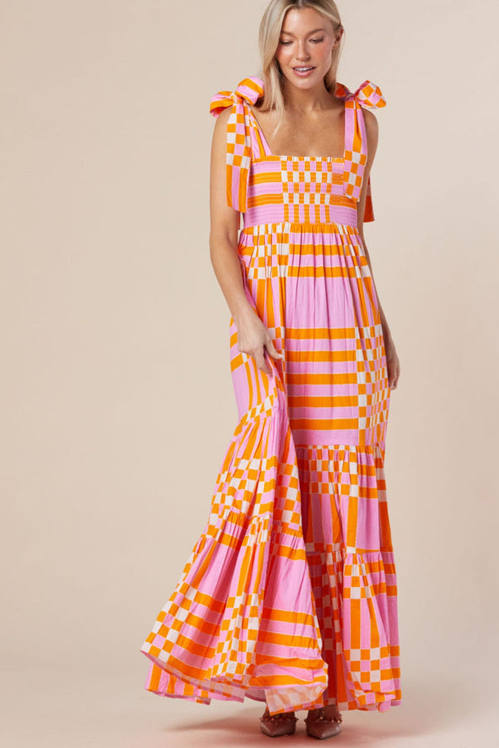 Naomi - Boho Gingham Smocked Maxi Dress with Tied Straps