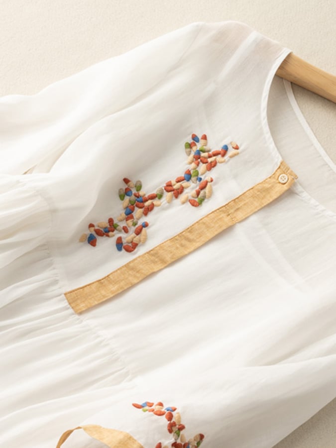 Emily - Women’s Embroidered Cotton-Linen Midi Dress with A-Line Fit