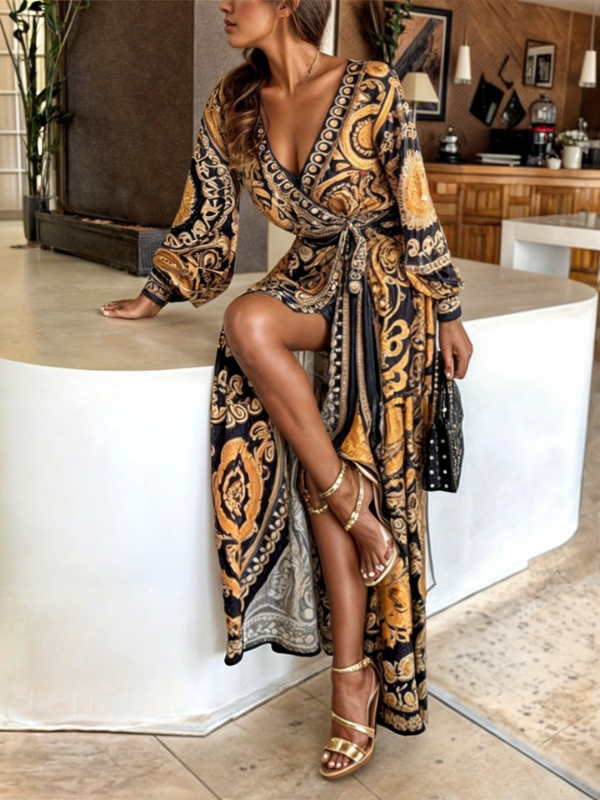 Lani - Bohemian Maxi Dress with Golden Print and High Slit