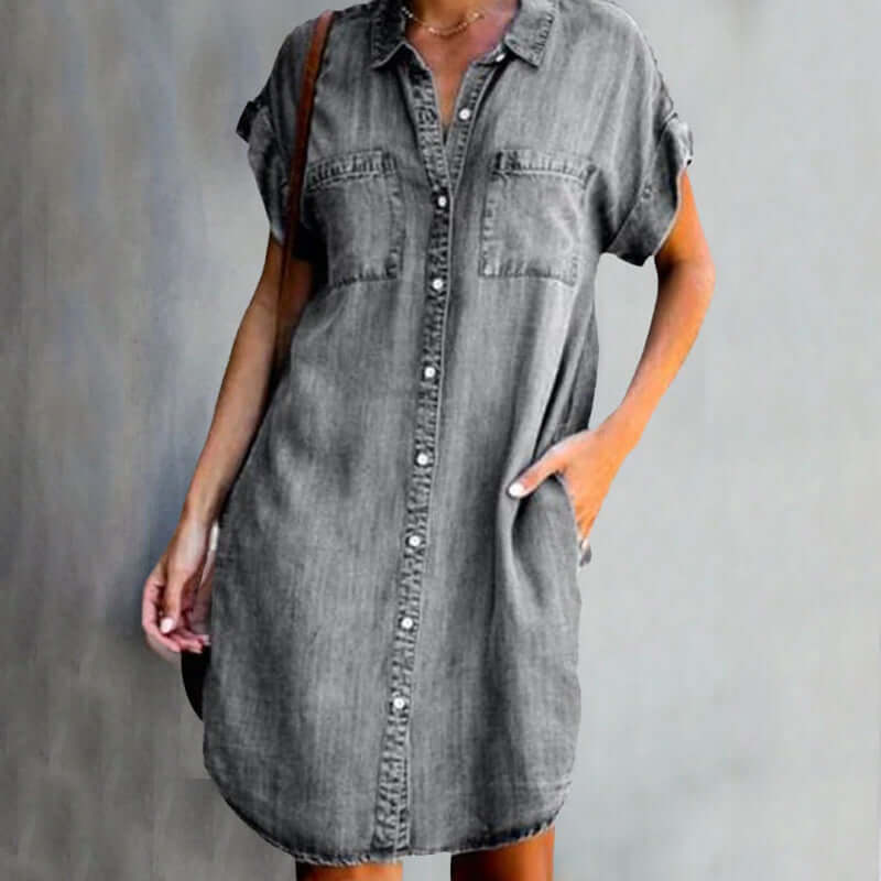 Emilia - Elegant Denim Mini Dress with Belly Coverage (Plus Size Available)