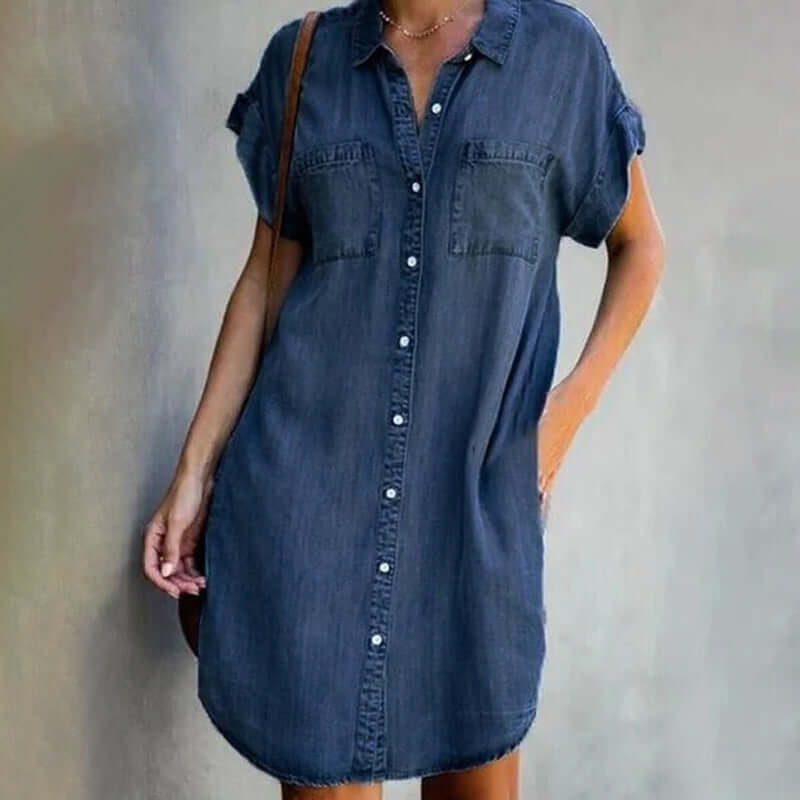 Emilia - Elegant Denim Mini Dress with Belly Coverage (Plus Size Available)