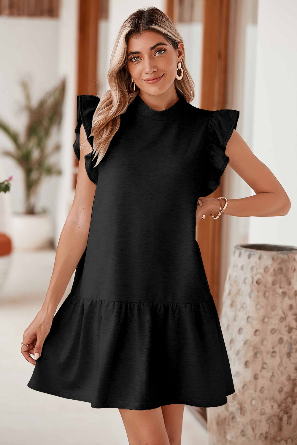 Harmony - Crew Neck Shift Dress with Flutter Sleeve