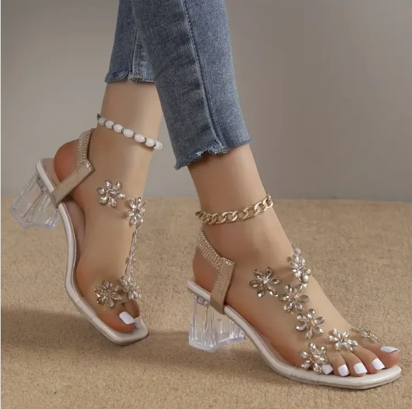 Claudine - Flower and Rhinestone Heel Sandals for Women