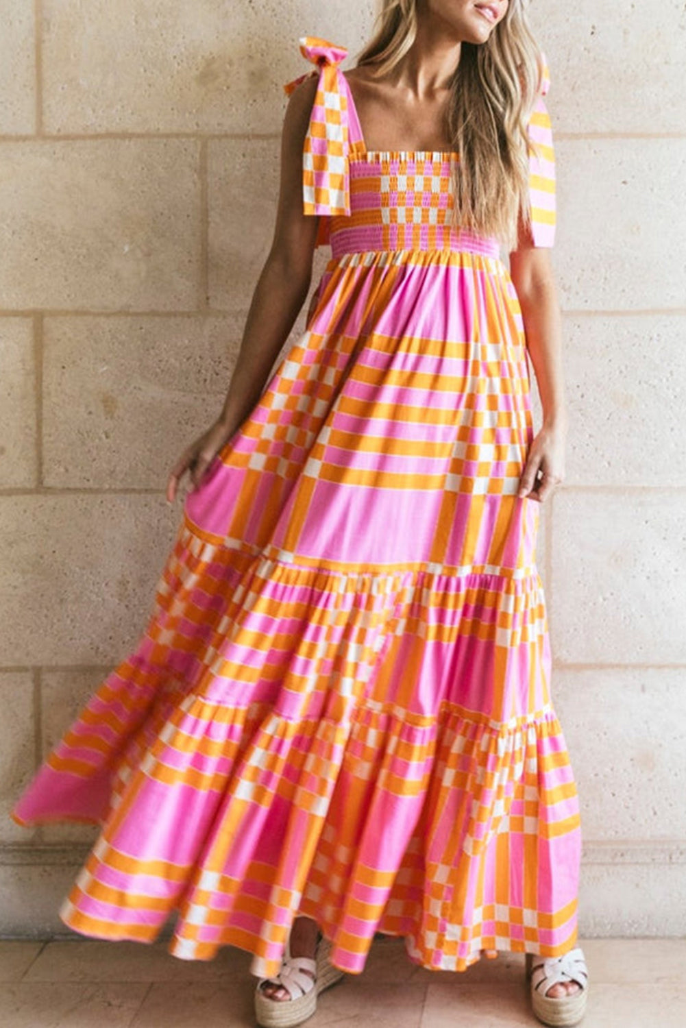 Naomi - Boho Gingham Smocked Maxi Dress with Tied Straps