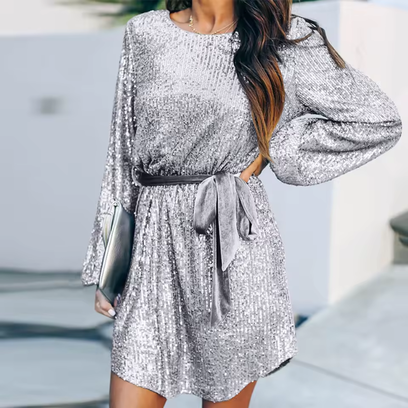 Tara - Sequin Long Sleeve Tie Waist Mini Dress