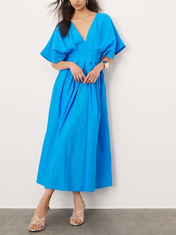 April - Pleated Wide Puff Sleeve Midi Dress