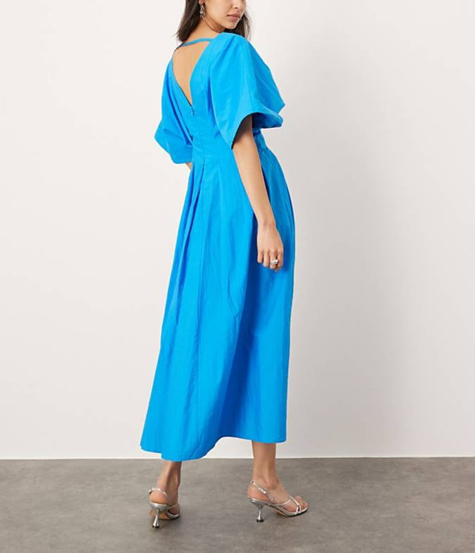 April - Pleated Wide Puff Sleeve Midi Dress