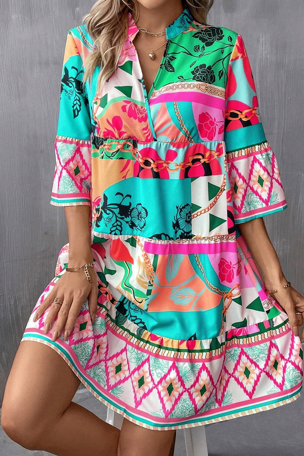 Candace - Patchwork Mini Dress with Notched Neck and Half Sleeves