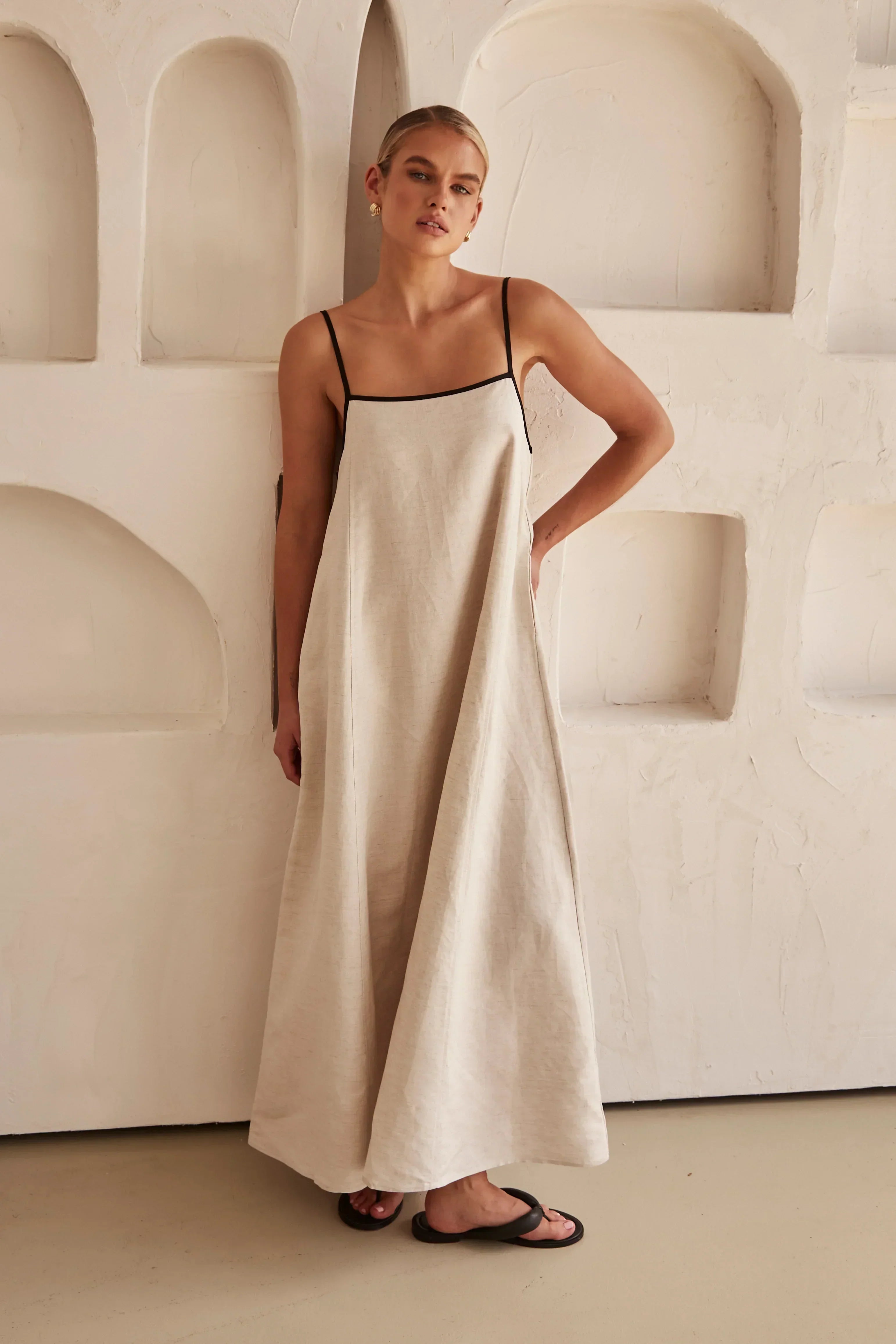 Floriana - Elegant Beige Cotton Maxi Dress Comfortable and Timeless